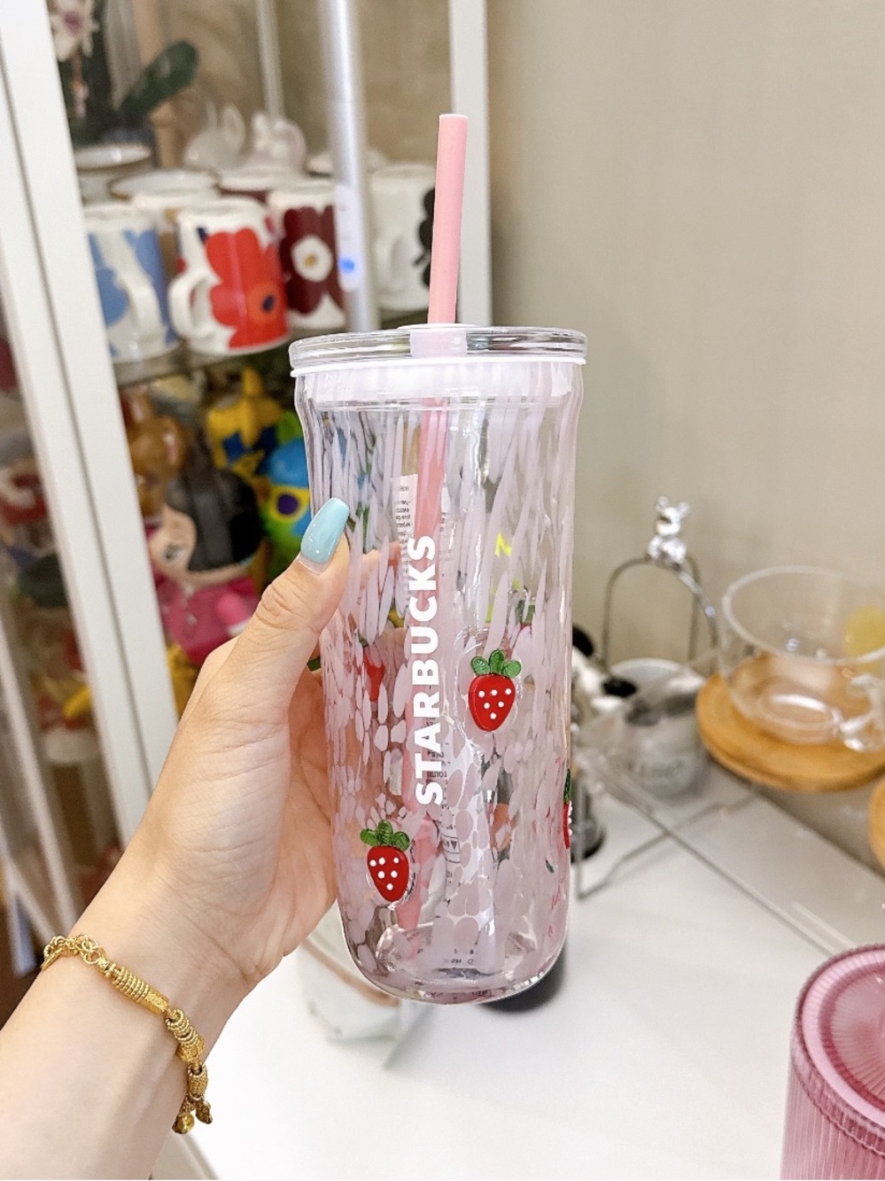Starbucks Pink Strawberry glass Tumbler with Straw